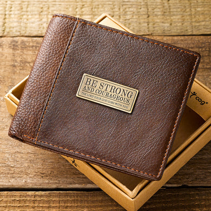 Strong and Courageous Two-tone Brown Full Grain Leather Wallet - Joshua 1:9