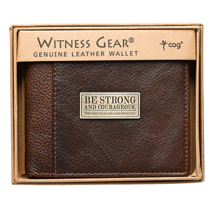 Strong and Courageous Two-tone Brown Full Grain Leather Wallet - Joshua 1:9
