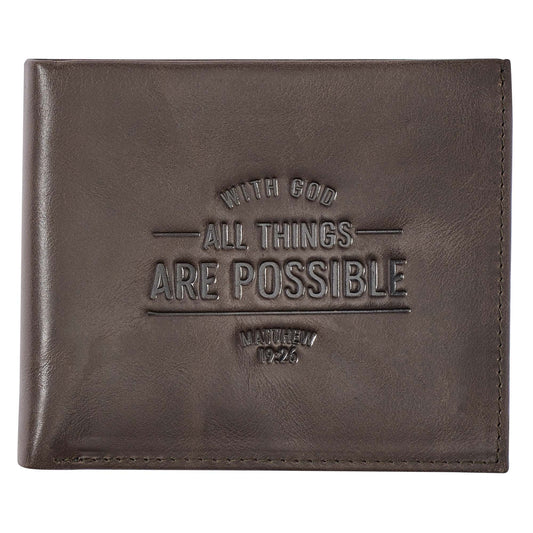 With God All Things Are Possible Brown Genuine Leather Wallet - Matthew 19:26