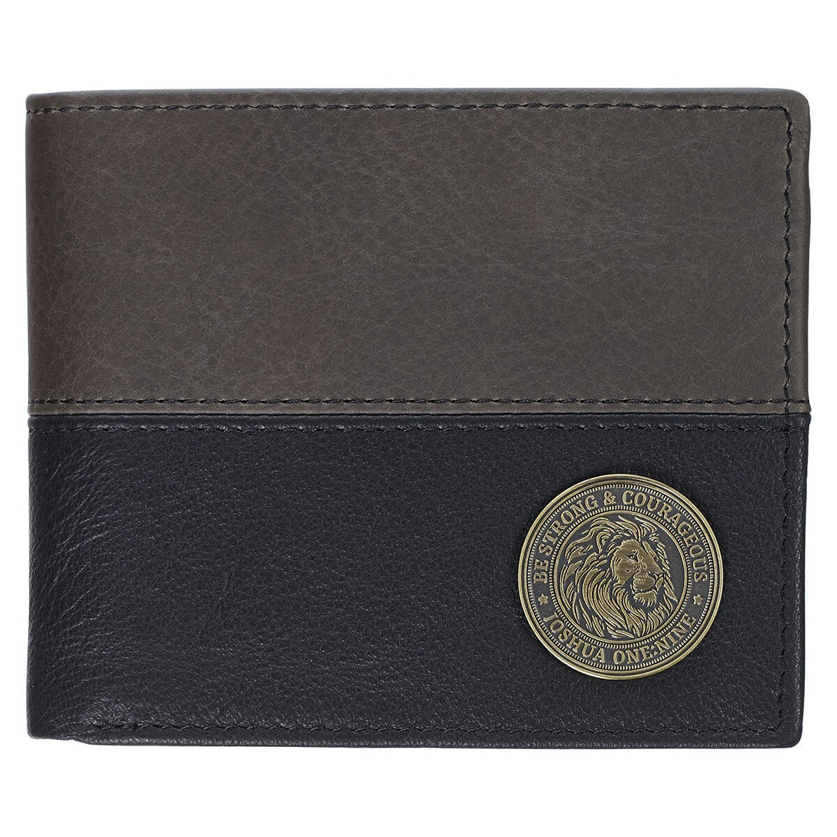 Strong and Courageous Black and Brown Full Grain Leather Wallet with Metal Badge - Joshua 1:9