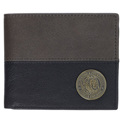 Strong and Courageous Black and Brown Full Grain Leather Wallet with Metal Badge - Joshua 1:9