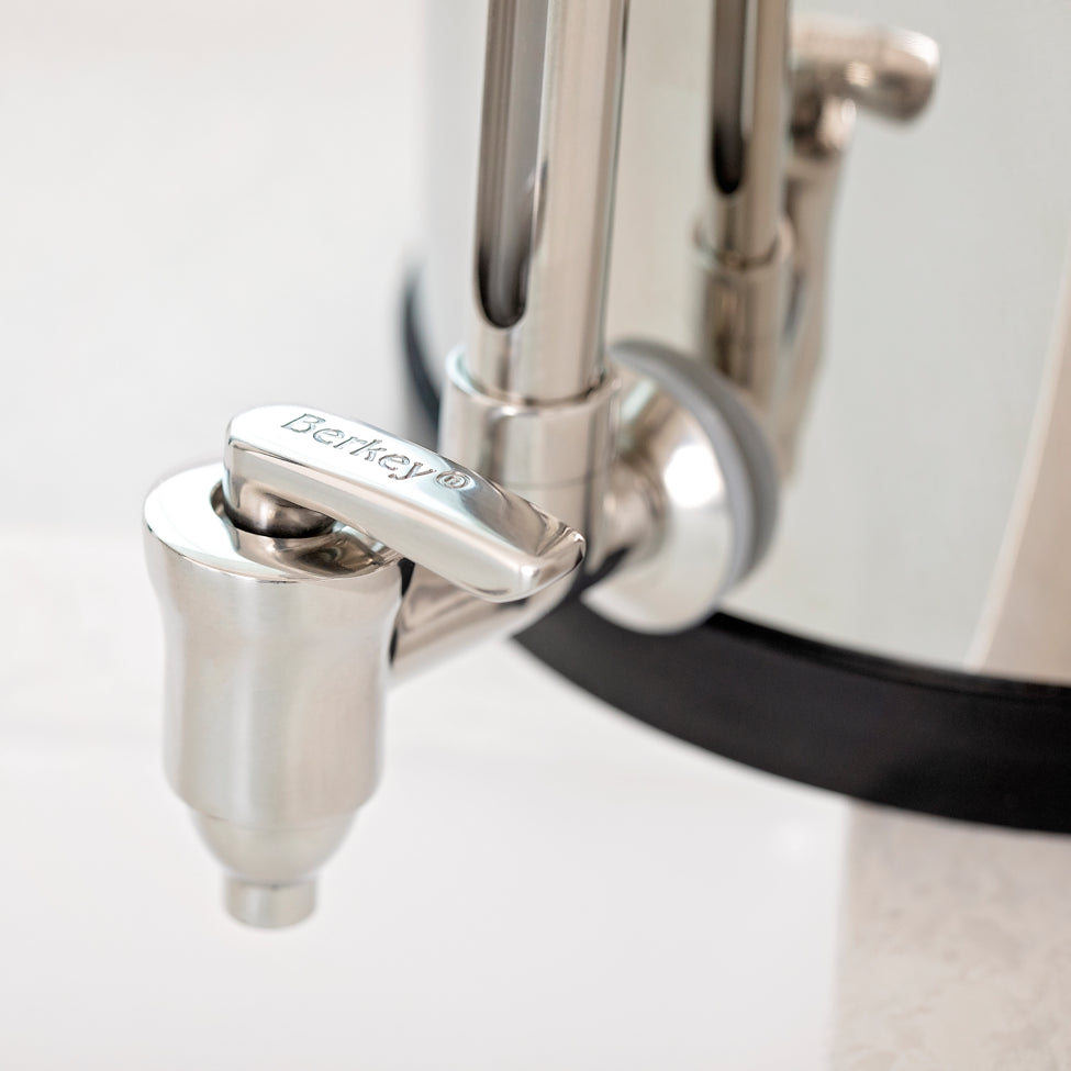 Berkey Water View spigot logo and stainless steel detail