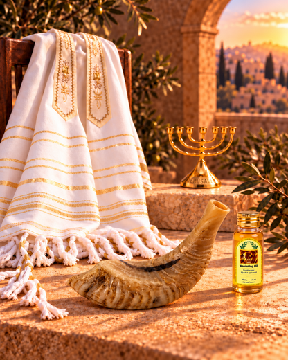 Shofar Gift Set with Prayer Shawl, Anointing Oil & Menorah