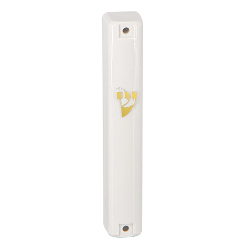 White Plastic Mezuzah with Gold Shin