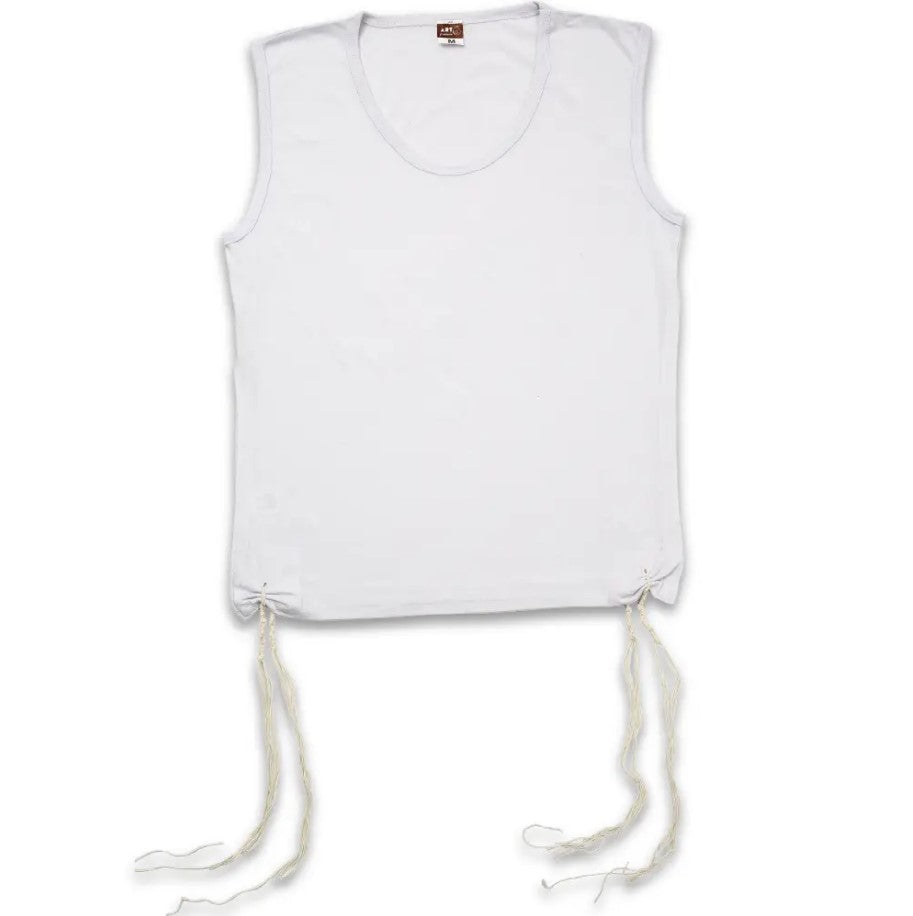 White sleeveless tallit katan with kosher tzitzit