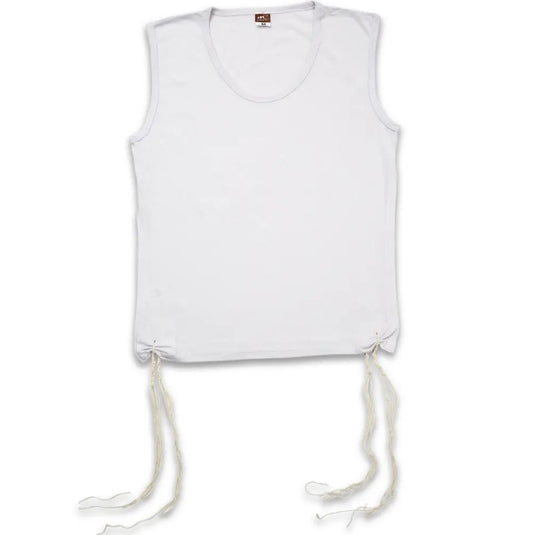 White sleeveless tallit katan with kosher tzitzit