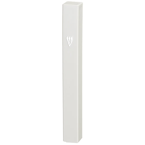 White Square Cut Plastic Mezuzah with Silver Shin