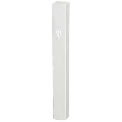 White Square Cut Plastic Mezuzah with Silver Shin