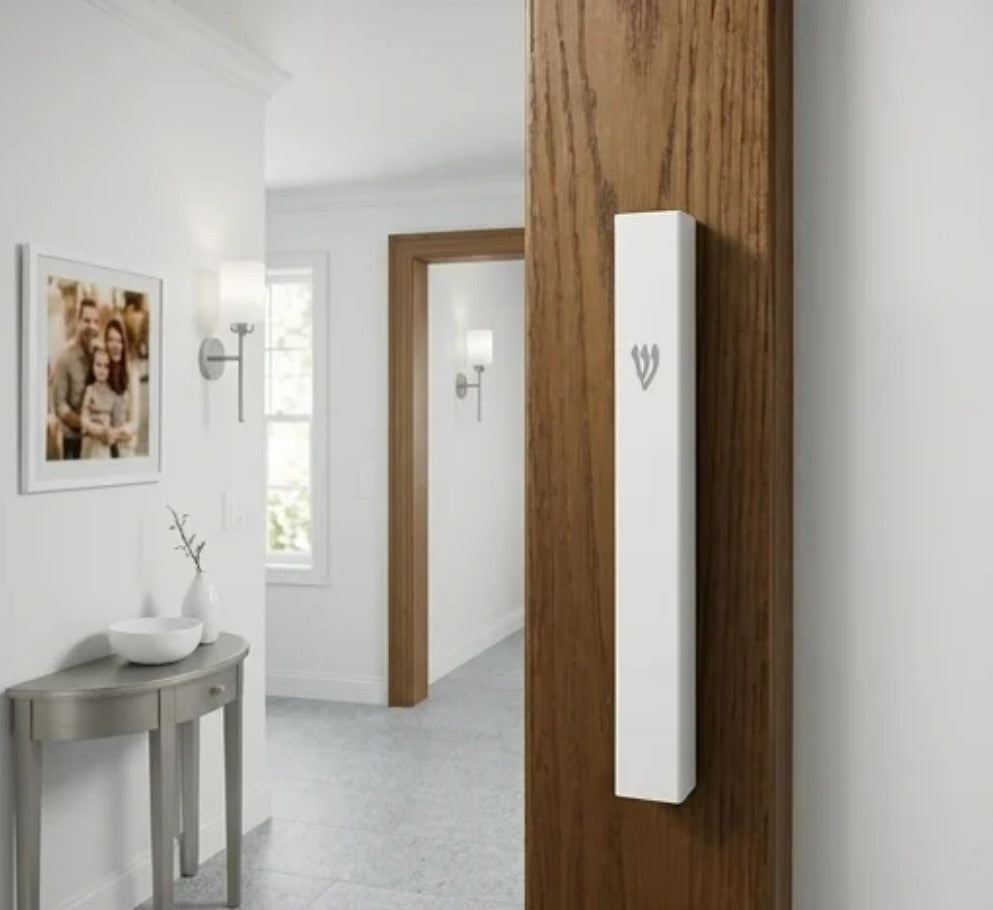 White Square Cut Plastic Mezuzah with Silver Shin