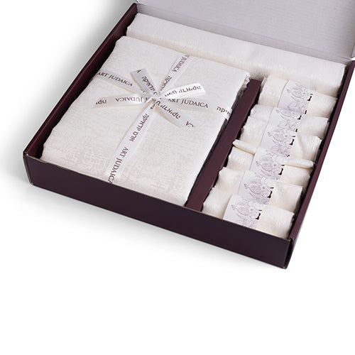 White tablecloth set with runner and six napkins in gift box