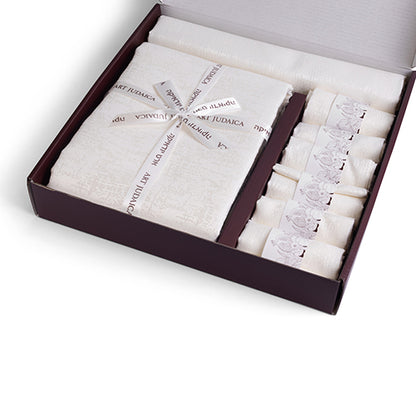 White tablecloth set with runner and six napkins in gift box