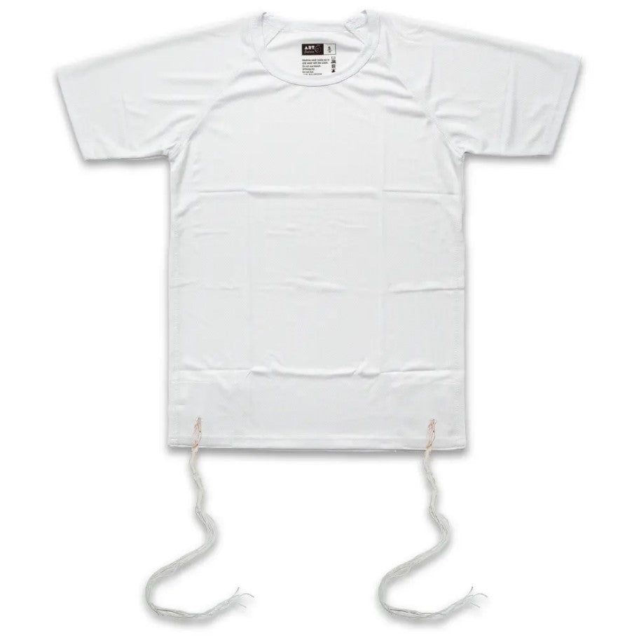 White tallit katan with kosher tzitzit, short sleeve style