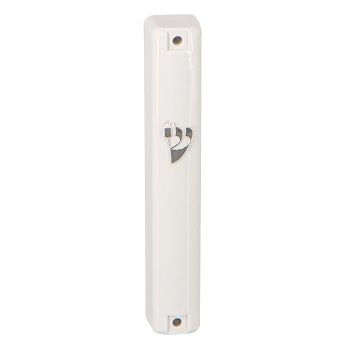White Plastic Mezuzah with Silver Shin