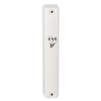 White Plastic Mezuzah with Silver Shin