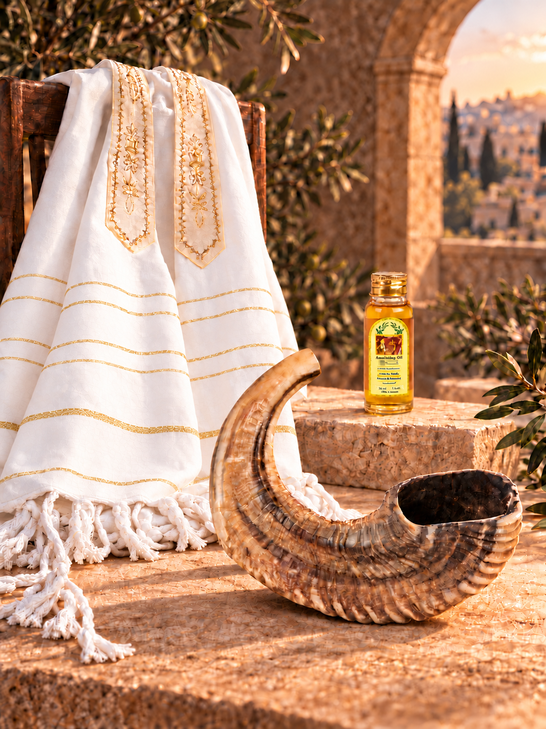 Shofar Gift Set with Prayer Shawl & Anointing Oil