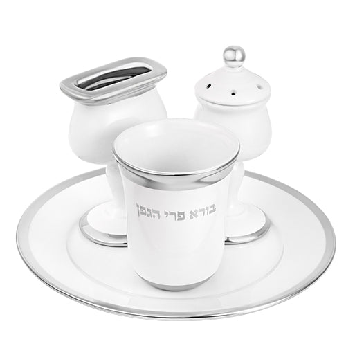 White Ceramic Havdalah Set with Silver Acccents