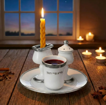 White Ceramic Havdalah Set with Silver Acccents