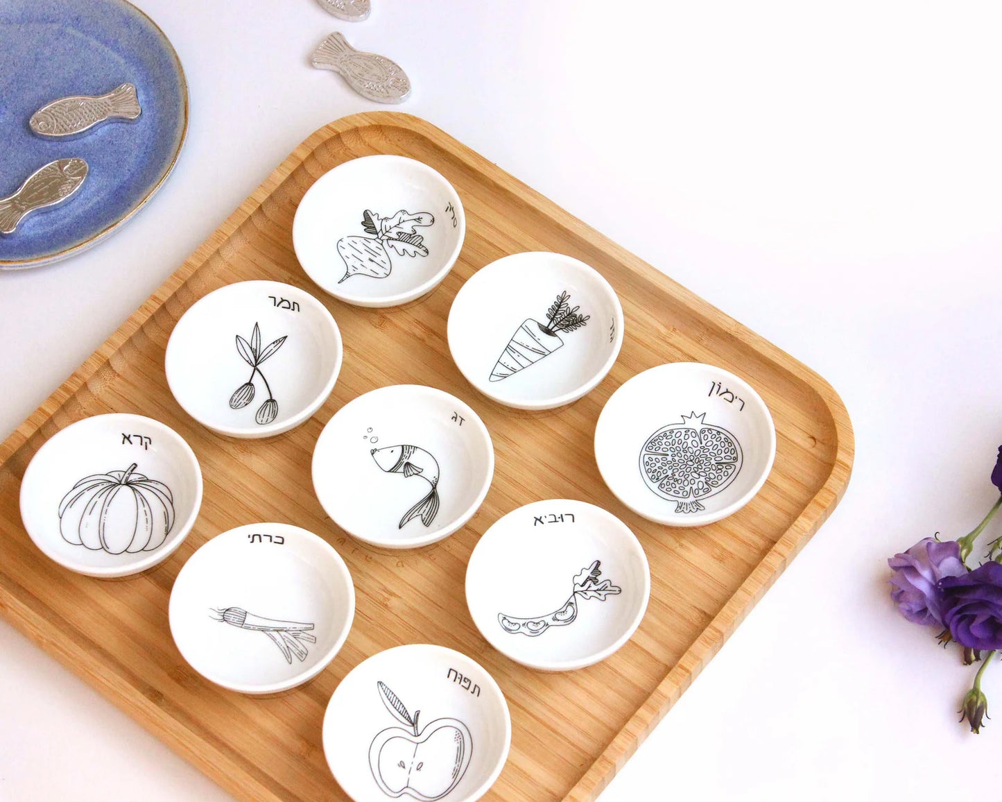 Bamboo Rosh Hashanah Seder Plate with porcelain bowls featuring black and white illustrations