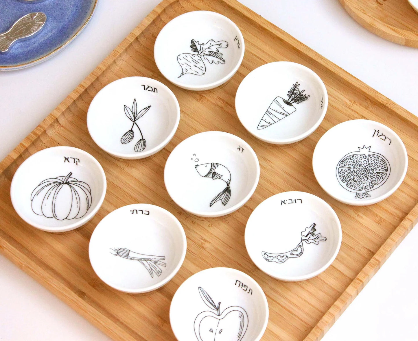 Modern black and white bamboo Rosh Hashanah set with 9 porcelain bowls