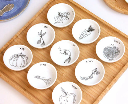 Modern black and white bamboo Rosh Hashanah set with 9 porcelain bowls