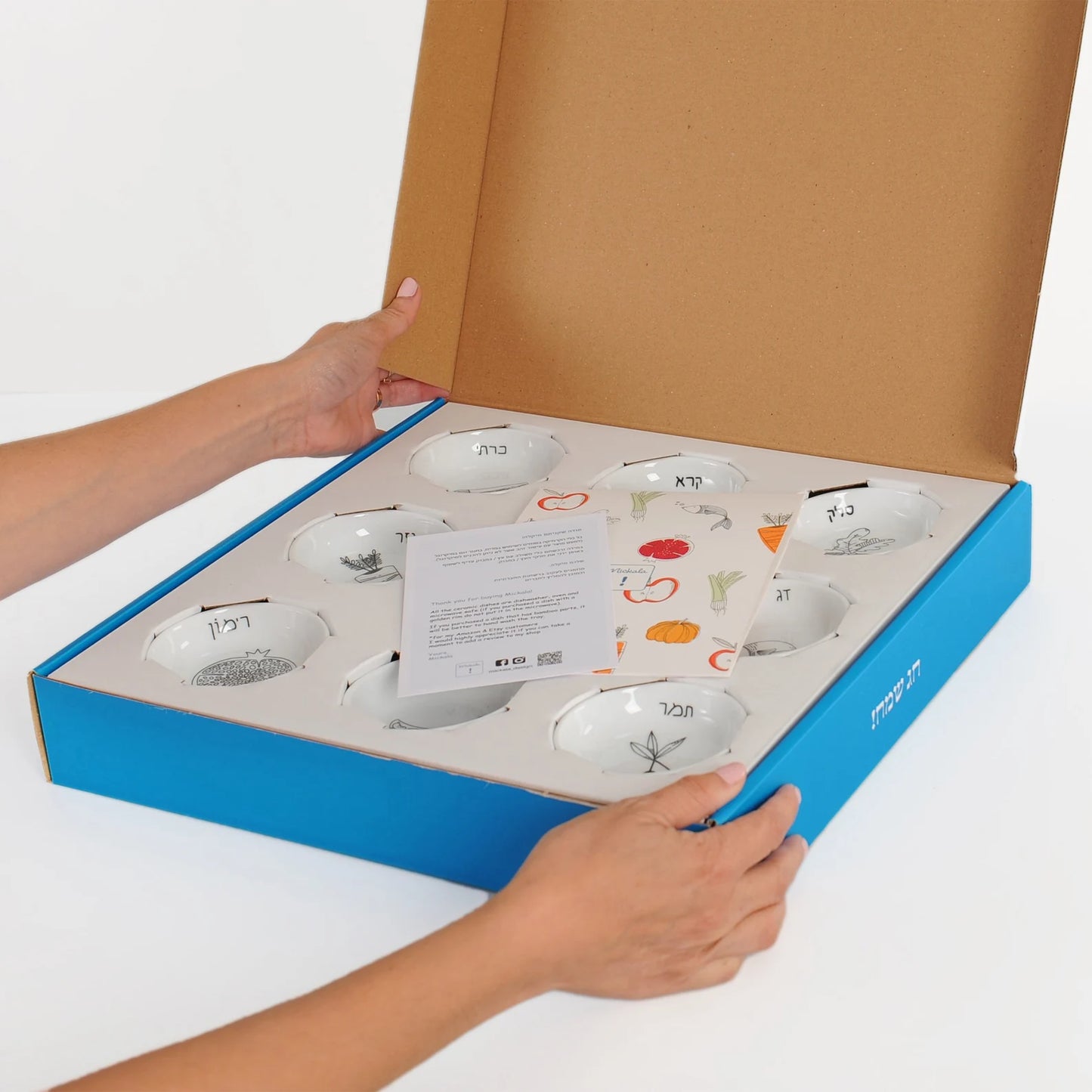 Modern black and white bamboo Rosh Hashanah set with 9 porcelain bowls in its package