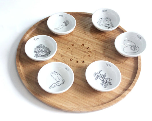 Bamboo Passover Seder plate with porcelain bowls featuring black and white illustrations