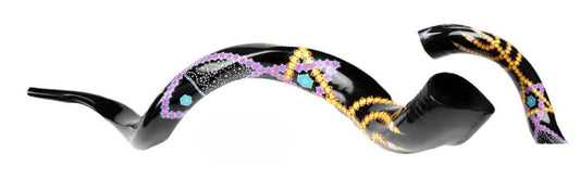 Yemenite Shofar 40" - 44" - Hand Painted Grafted In Design on Black