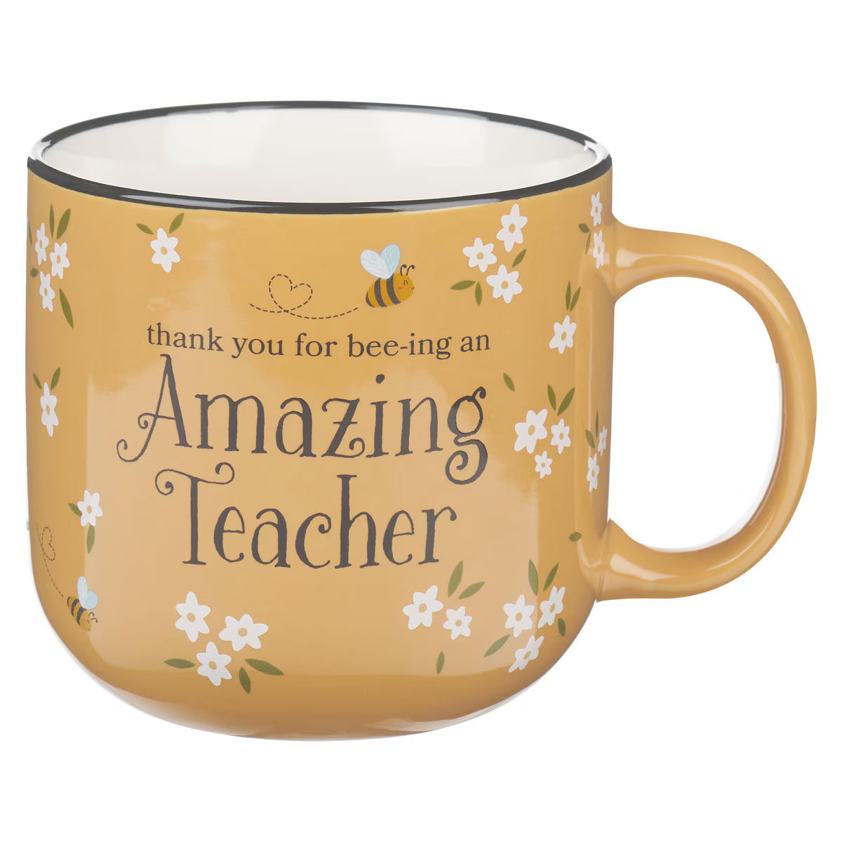 Yellow mug with white flowers and teacher sentiment in black script
