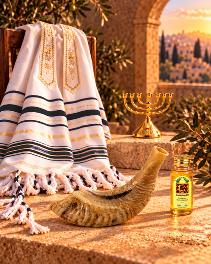 Shofar Gift Set with Prayer Shawl, Anointing Oil & Menorah