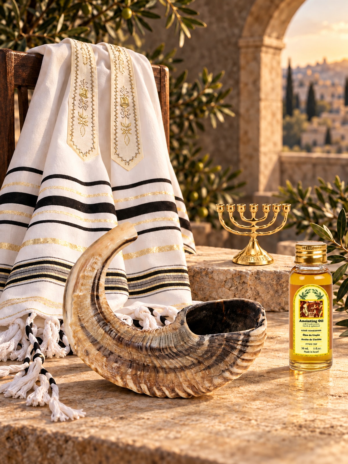 Shofar gift set with prayer shawl, anointing oil and menorah