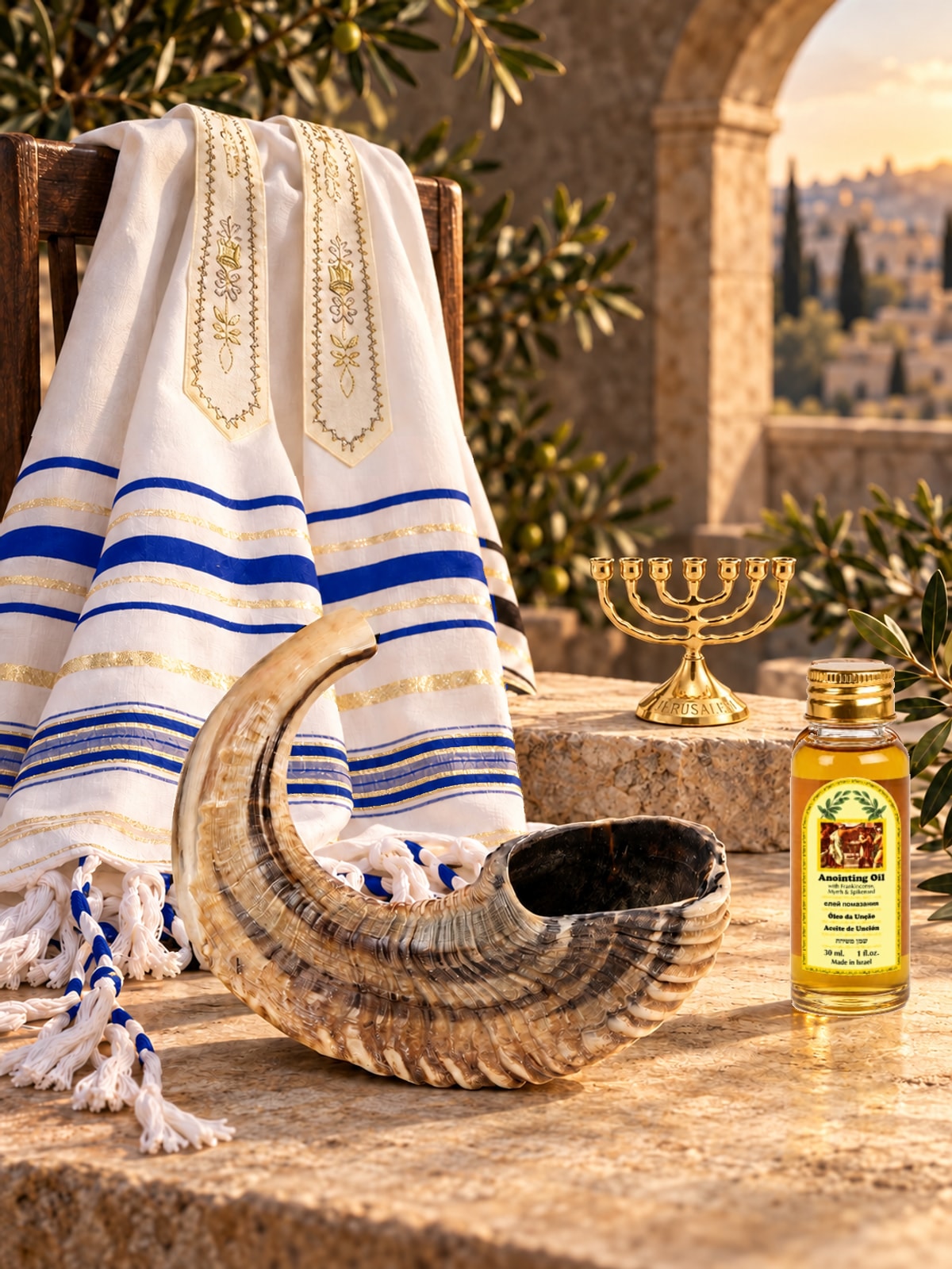 Shofar gift set with prayer shawl, anointing oil and menorah