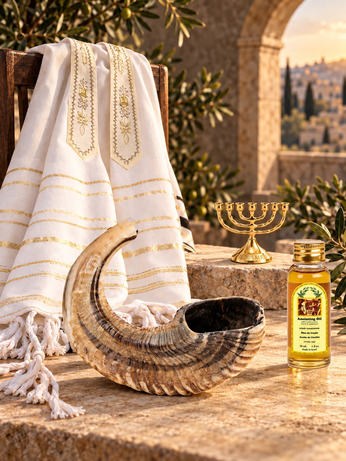 Shofar gift set with prayer shawl, anointing oil and menorah