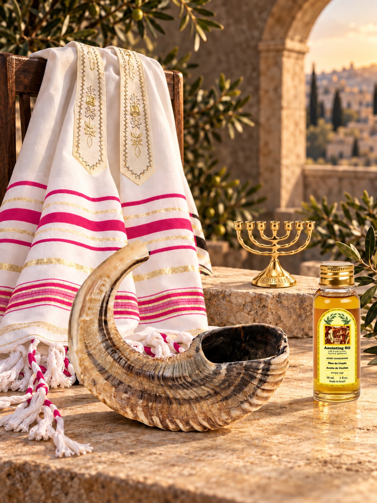 Shofar gift set with prayer shawl, anointing oil and menorah