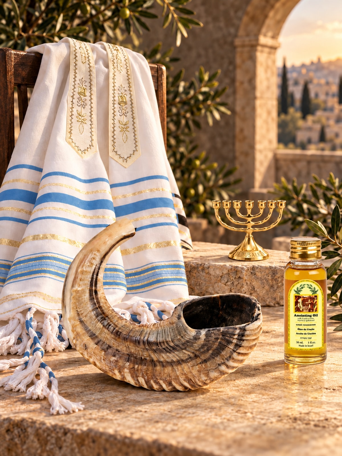 Shofar gift set with prayer shawl, anointing oil and menorah