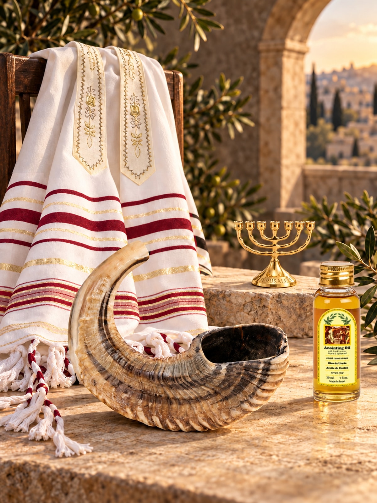 Shofar gift set with prayer shawl, anointing oil and menorah