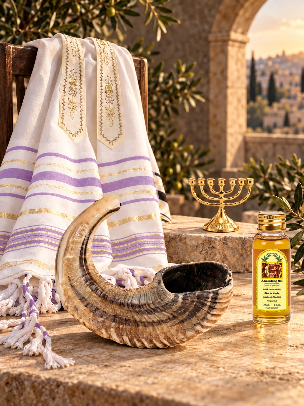 Shofar gift set with prayer shawl, anointing oil and menorah