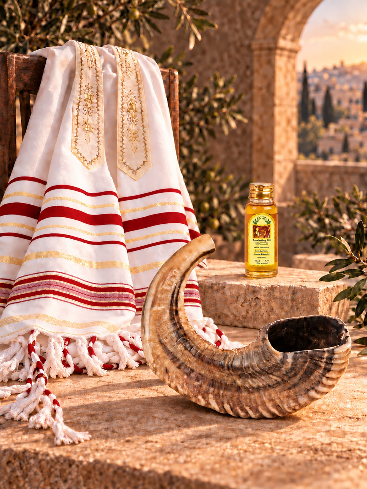 Shofar gift set with prayer shawl and anointing oil