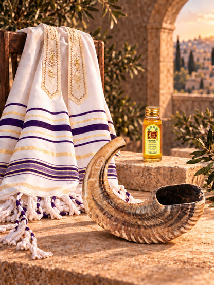 Shofar gift set with prayer shawl and anointing oil