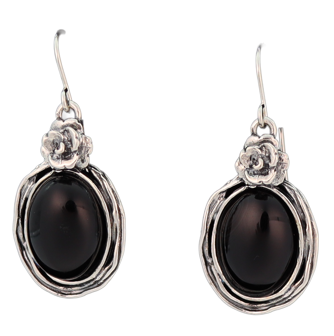 Onyx Oval Earrings with silver framing and silver flowers at the top