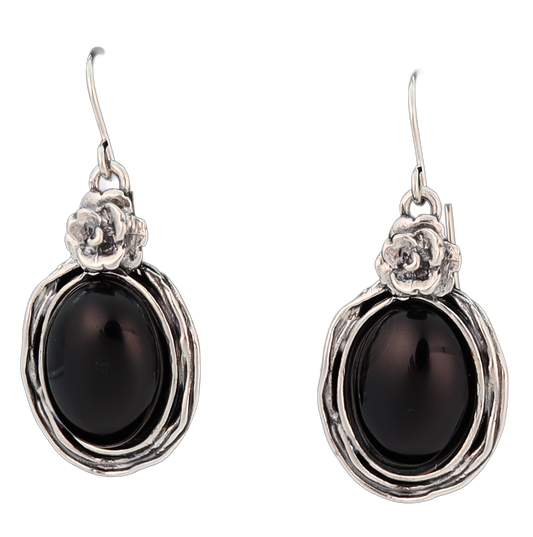 Onyx Oval Earrings with silver framing and silver flowers at the top