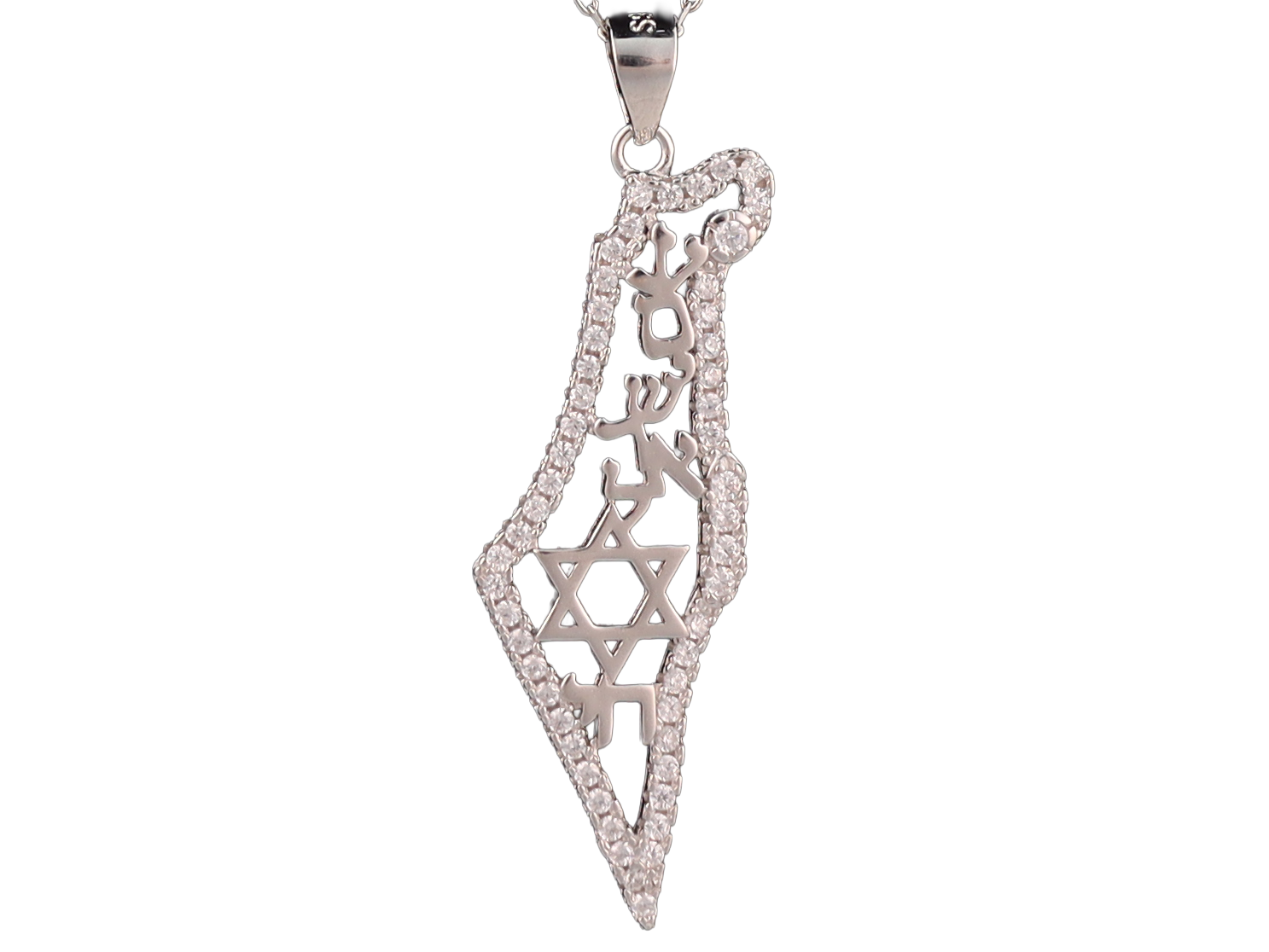 Sterling silver pendant in the shape of Israel, outlined with clear cubic zirconia, the star of David and the words "Israel Lives" in Hebrew