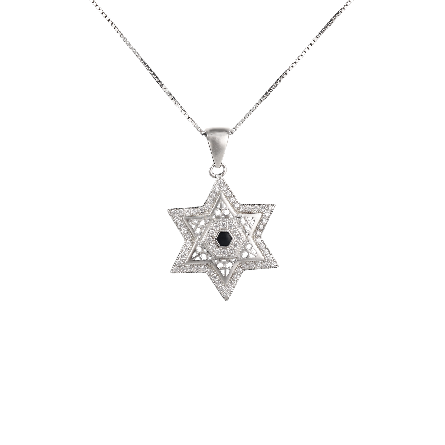 Silver star of David pendant in a layered design with clear crystals in the background and surrounding a navy blue center
