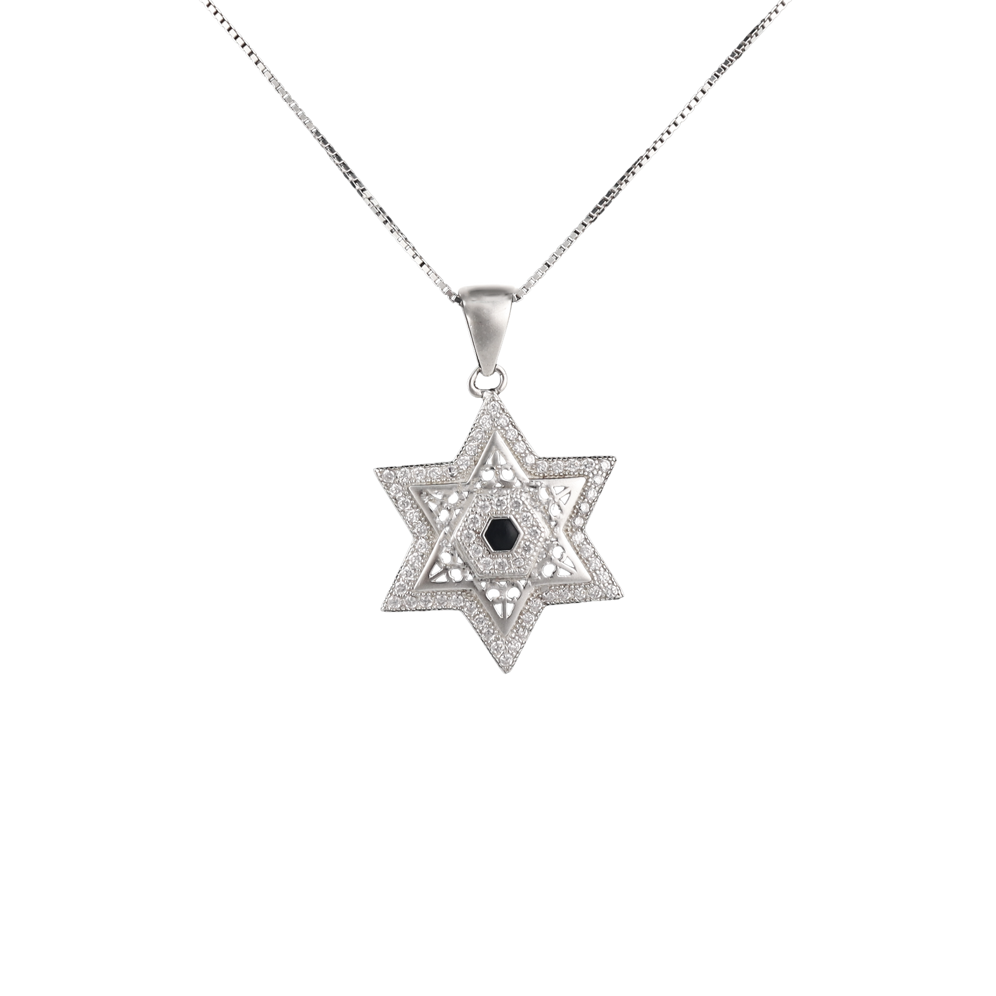 Silver star of David pendant in a layered design with clear crystals in the background and surrounding a navy blue center