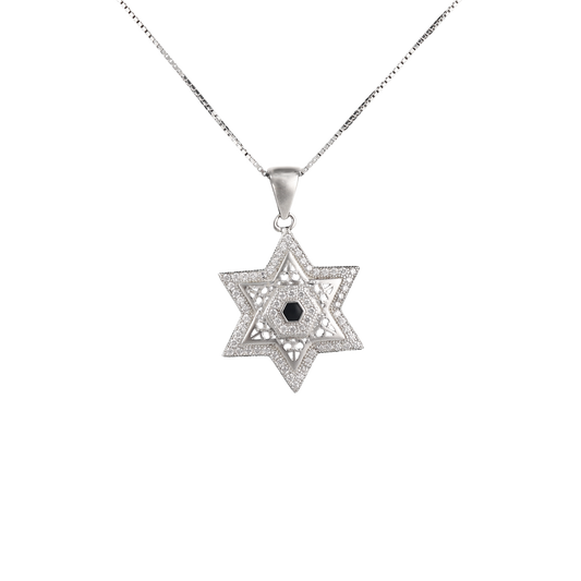 Silver star of David pendant in a layered design with clear crystals in the background and surrounding a navy blue center