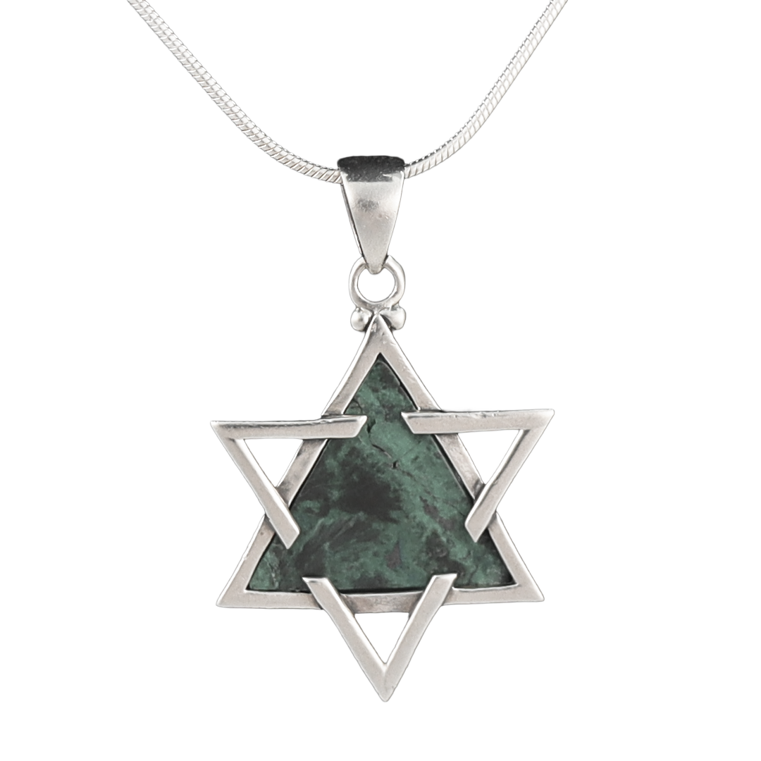 Eilat stone star of David pendant with silver outline on a silver chain