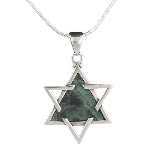 Eilat stone star of David pendant with silver outline on a silver chain