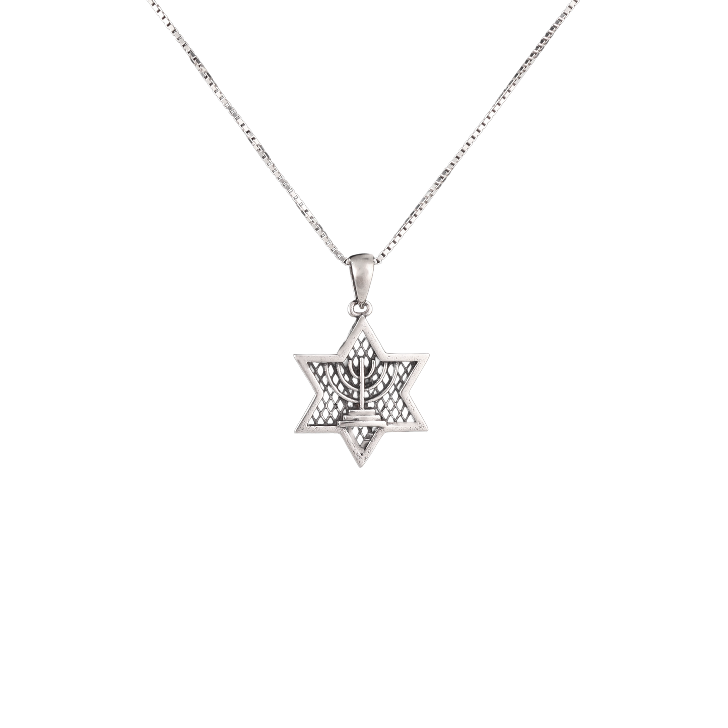 silver star of David pendant with menorah in the middle