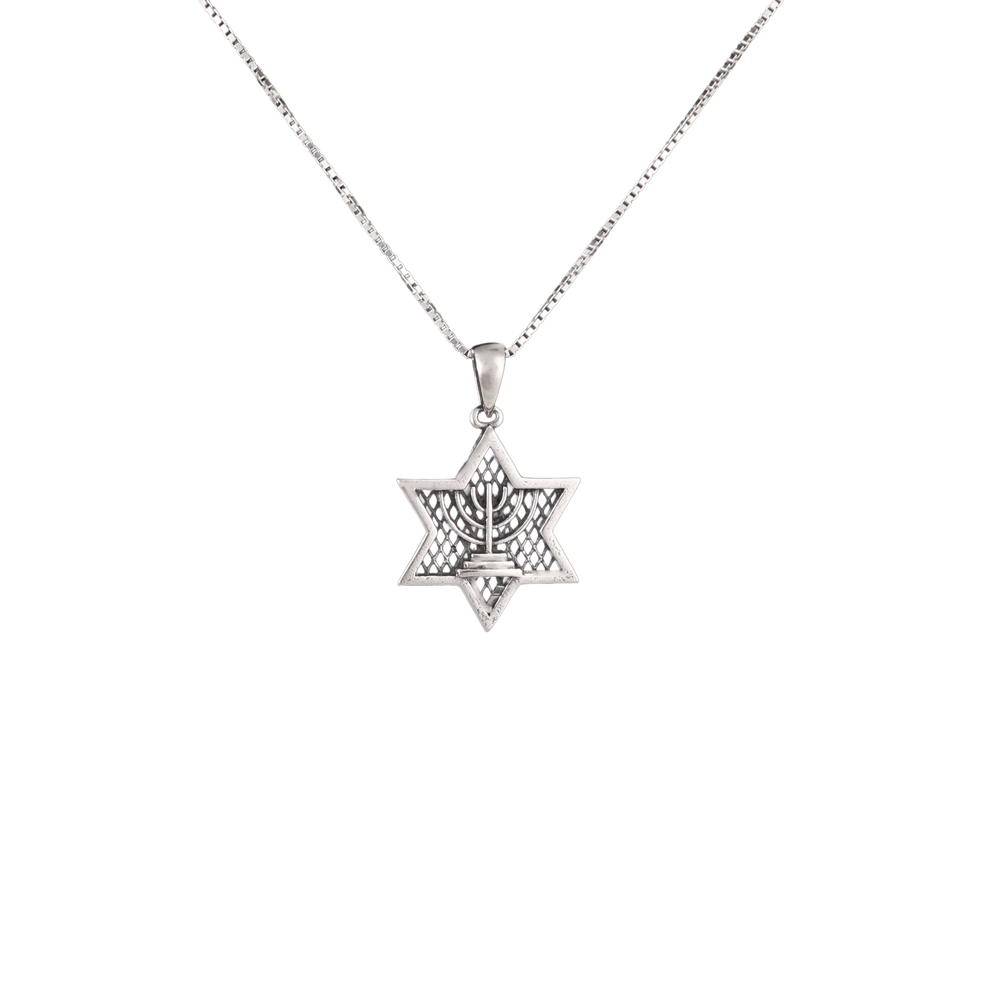 silver star of David pendant with menorah in the middle