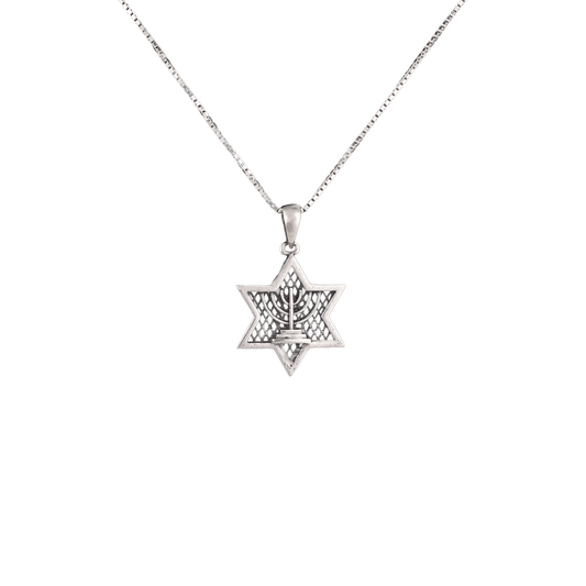silver star of David pendant with menorah in the middle