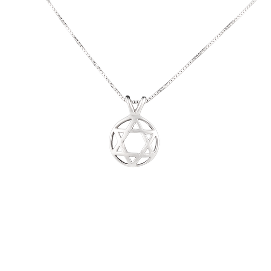 Circular silver pendant with the star of David on a sterling silver chain